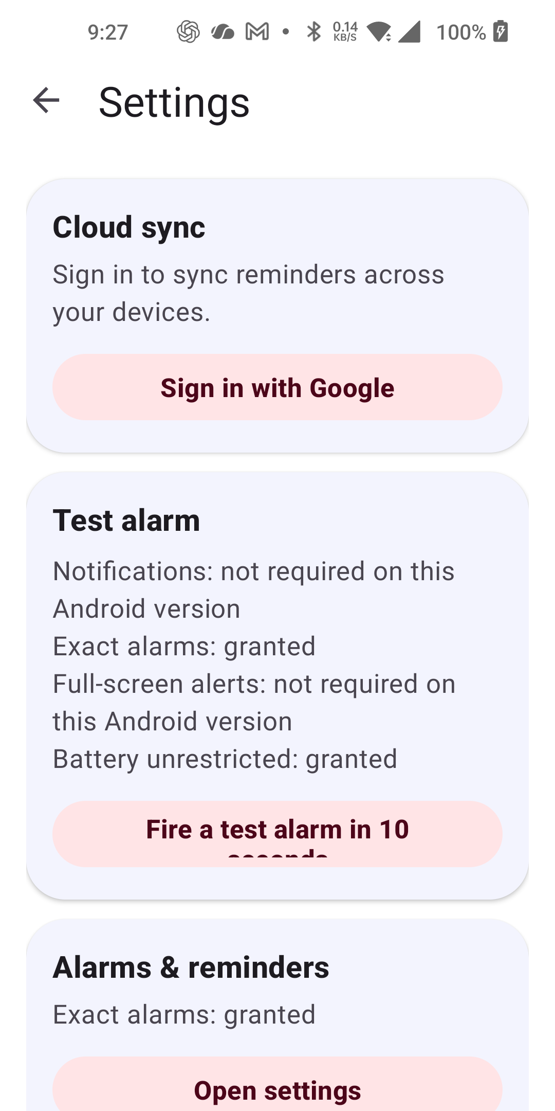 Settings screen